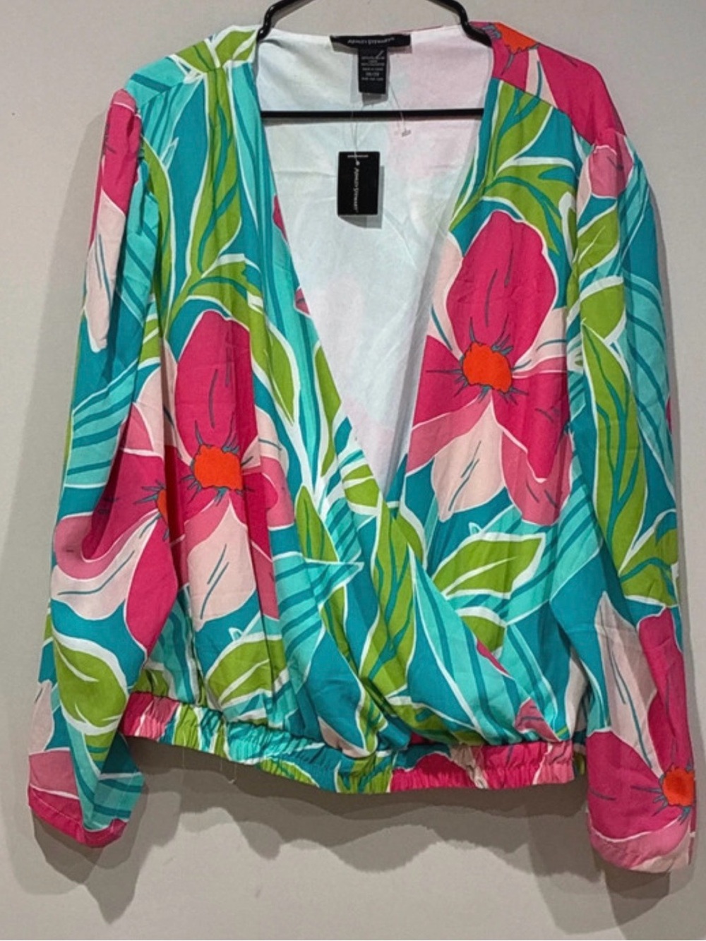 Ashley Stewart Turquoise Hot Pink & Green Floral Wrap top size 26/28 NEW